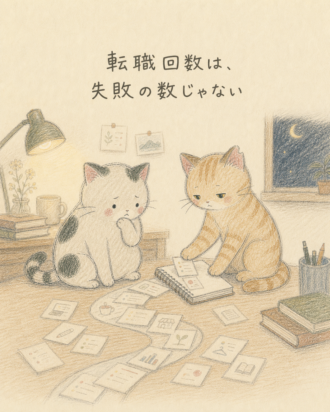 転職回数を責める主人公猫に、過去の経験をノートへ整理する書記猫が寄り添う手描きイラスト